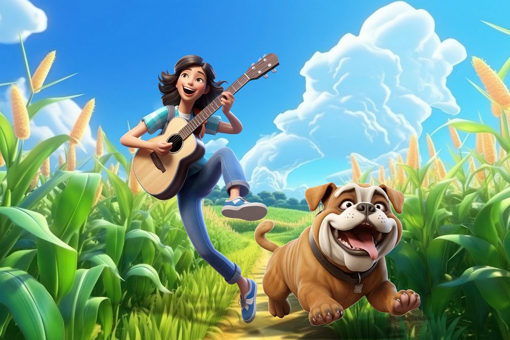 3D woman playing acoustic guitar with pet dog  editable remix