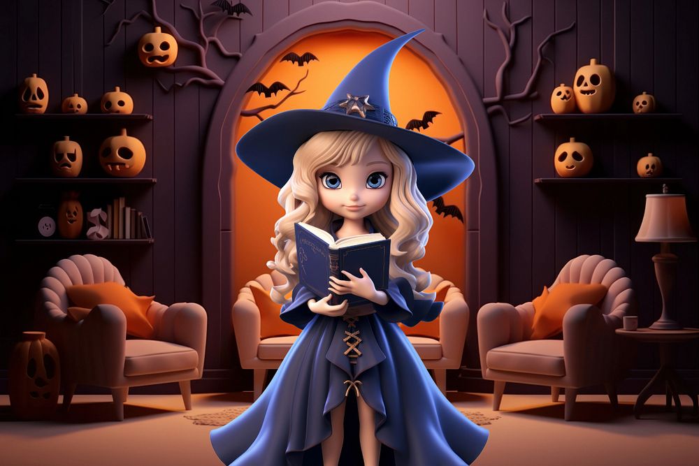 3D Halloween witch holding spell book  editable remix