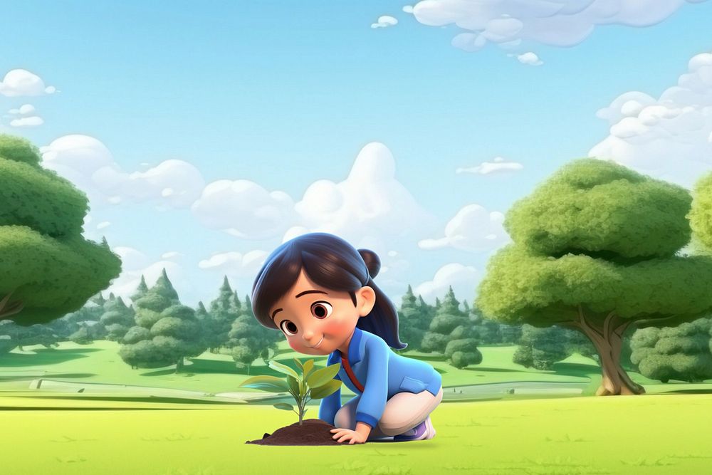 3D little girl planting sprout  editable remix