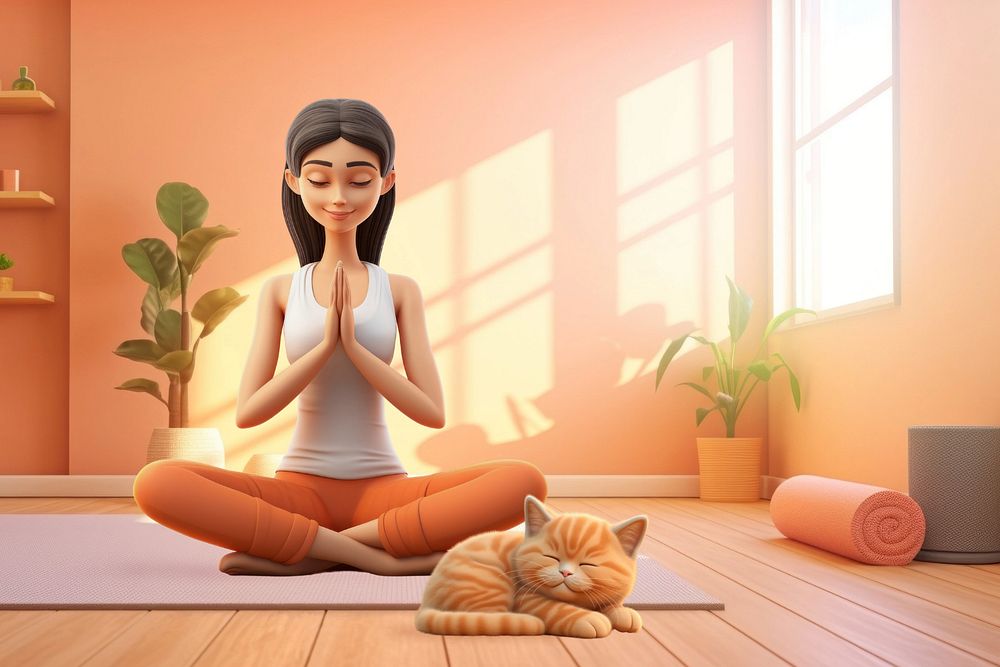 3D woman meditating, pet cat sleeping  editable remix