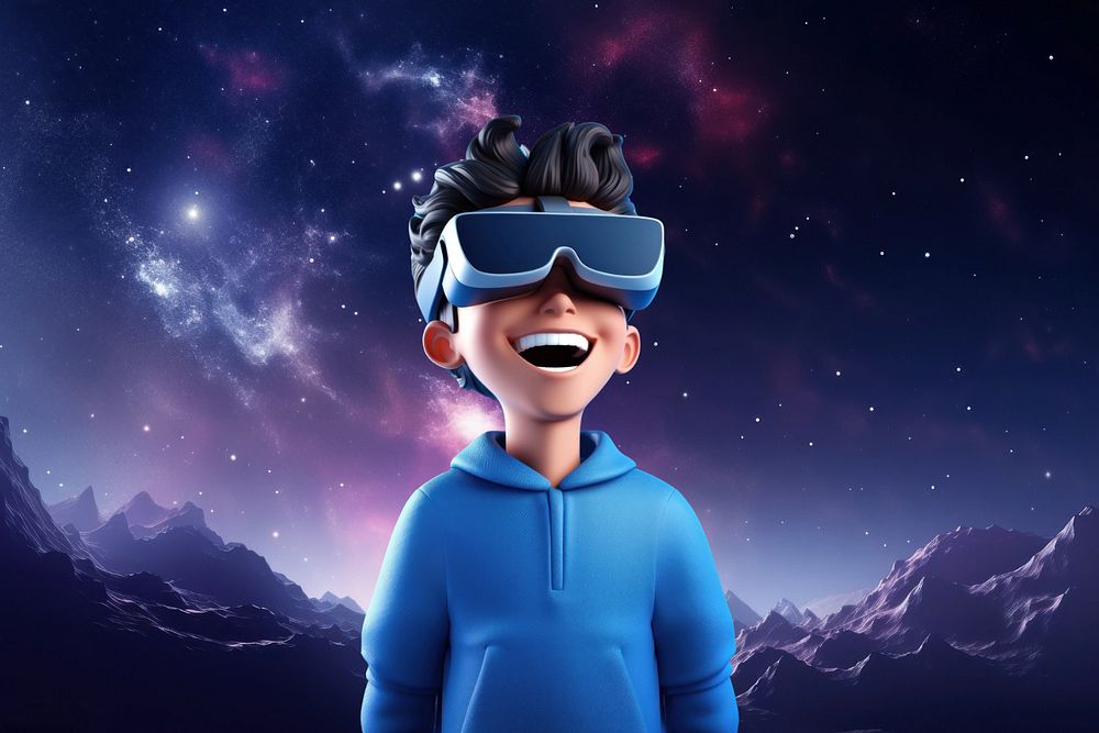 3D boy wearing VR, outer space  editable remix