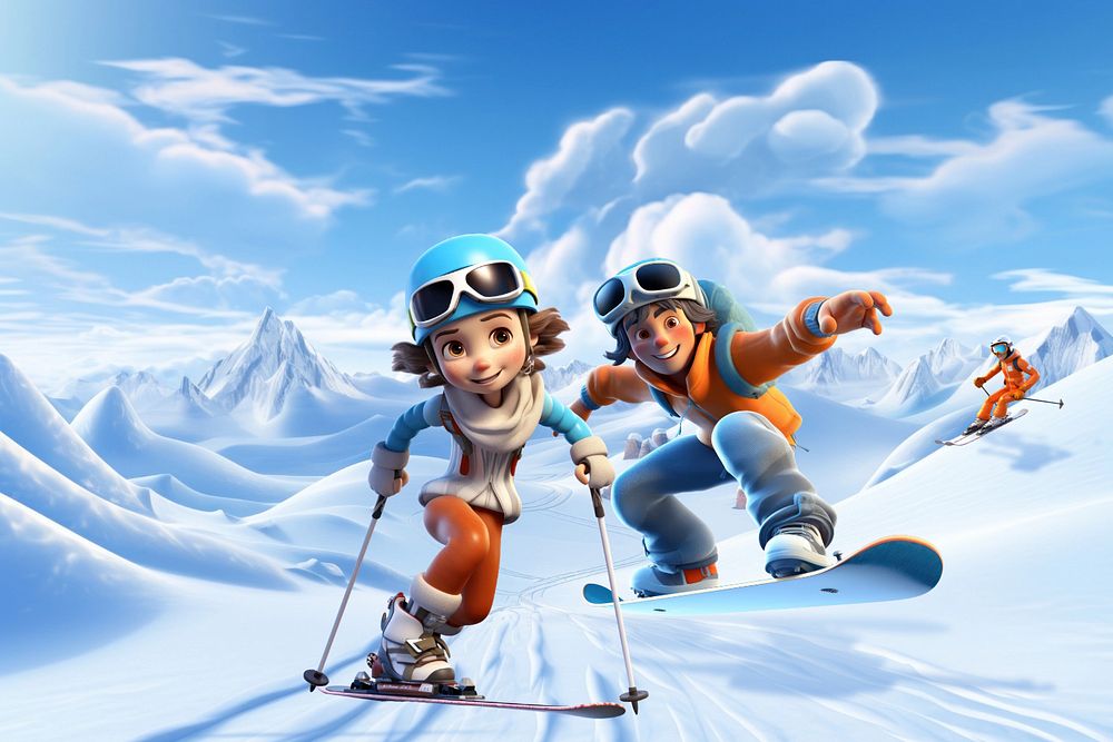 3D skiing couple  editable remix