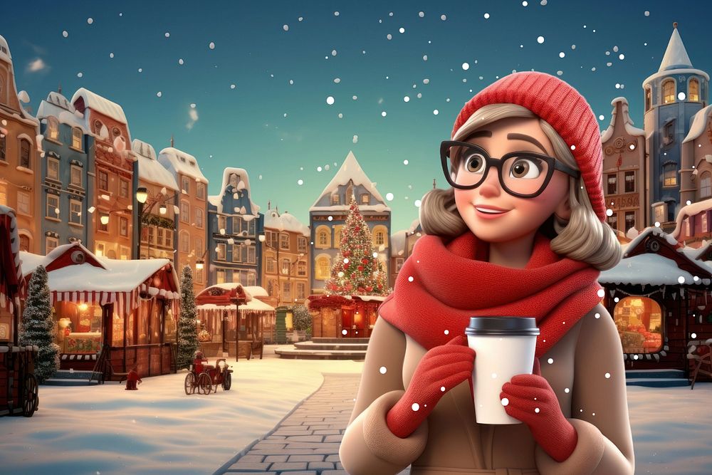 3D editable woman drinking coffee on snowing day remix