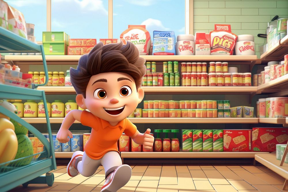 3D little boy running in supermarket  editable remix