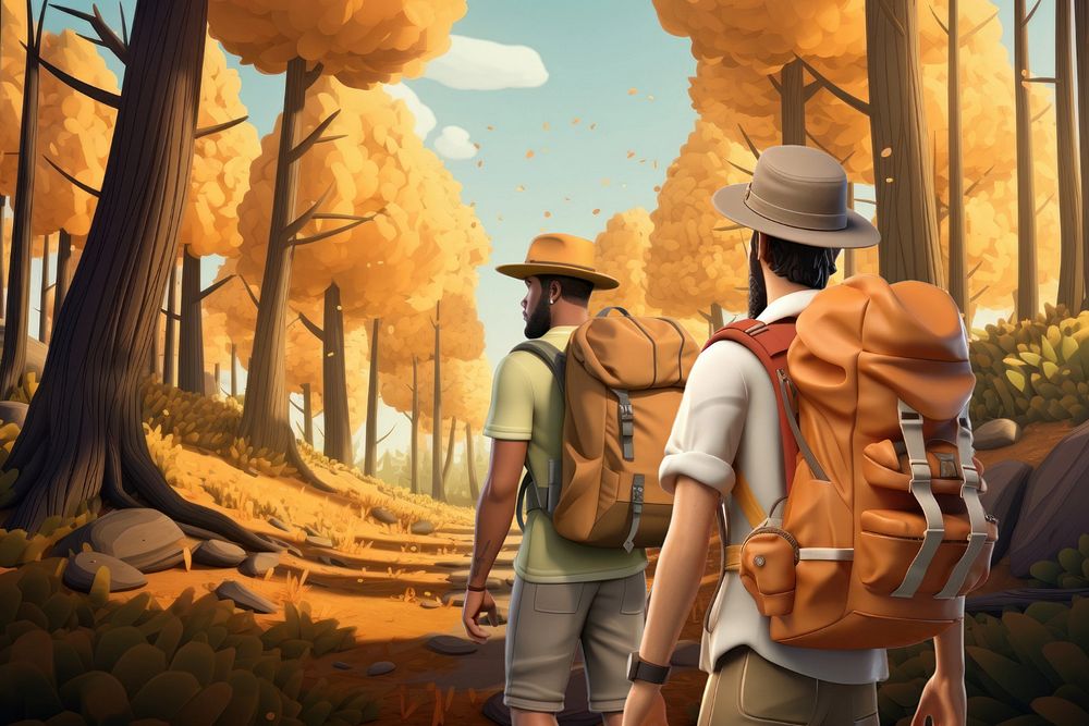 3D backpackers walking through the woods  editable remix