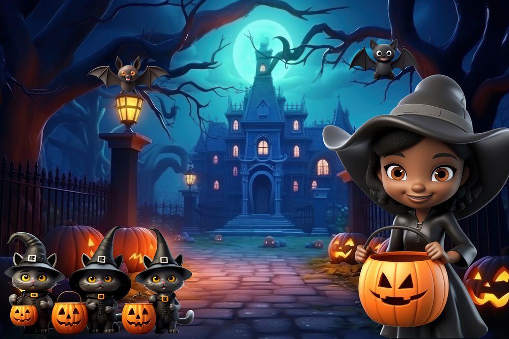 3D Halloween witch by a haunted house  editable remix