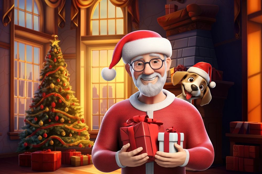 3D old man holding Christmas gifts  editable remix