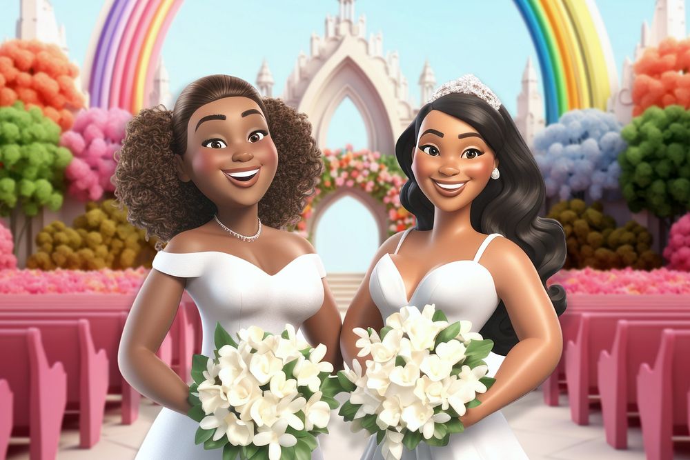 3D lesbian couple wedding, LGBTQ  editable remix