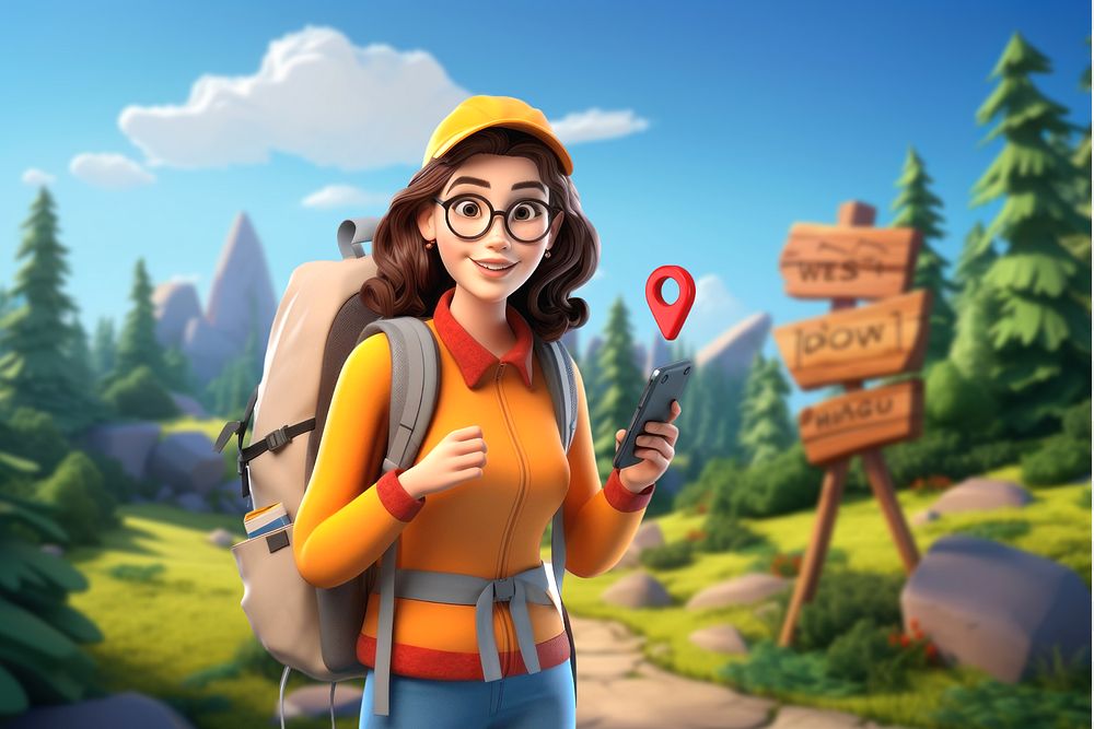 3D tourist woman using smartphone, outdoors travel  editable remix