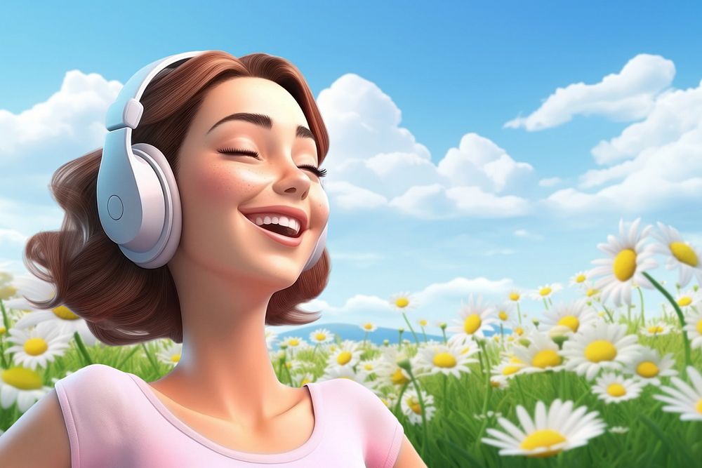 3D editable carefree woman listening to music remix