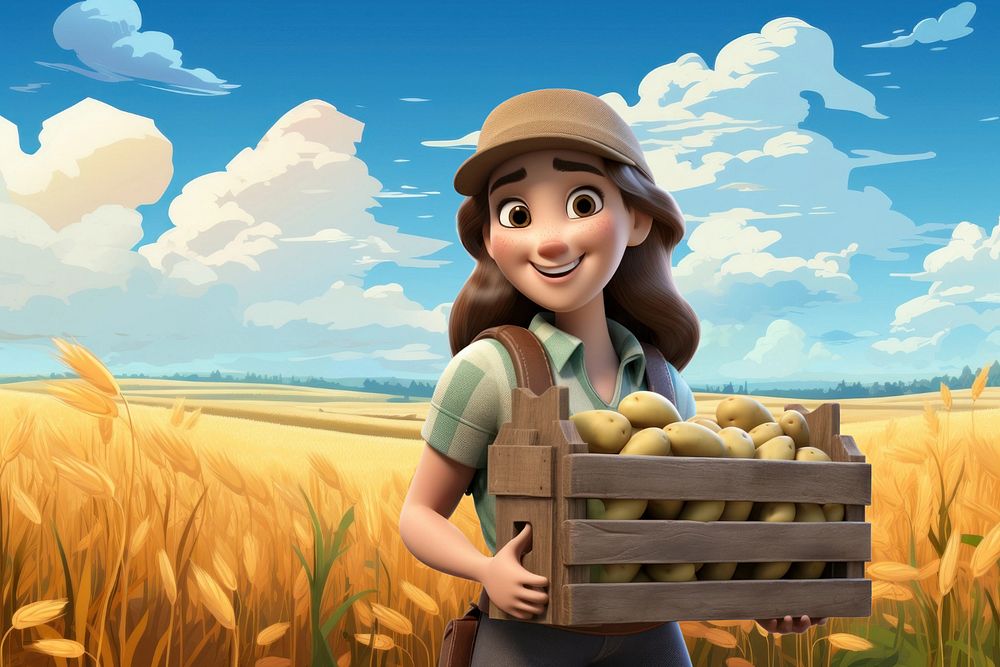 3D farmer girl holding potato crate  editable remix