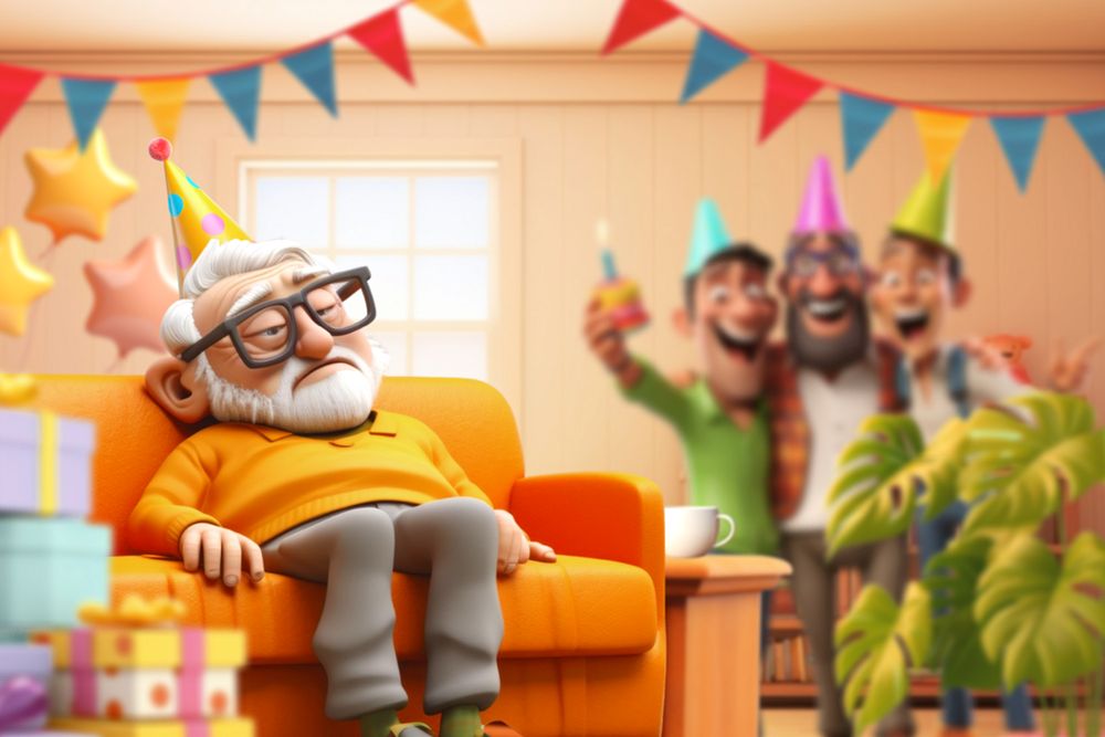 3D old man bored at birthday party  editable remix