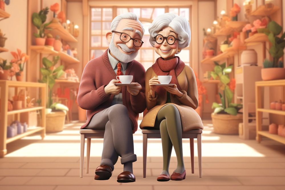 3D old couple drinking tea  editable remix