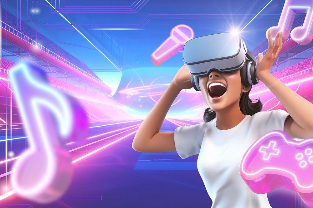 3D woman wearing VR, entertainment  editable remix