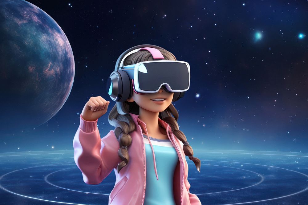 3D woman wearing VR, outer space  editable remix