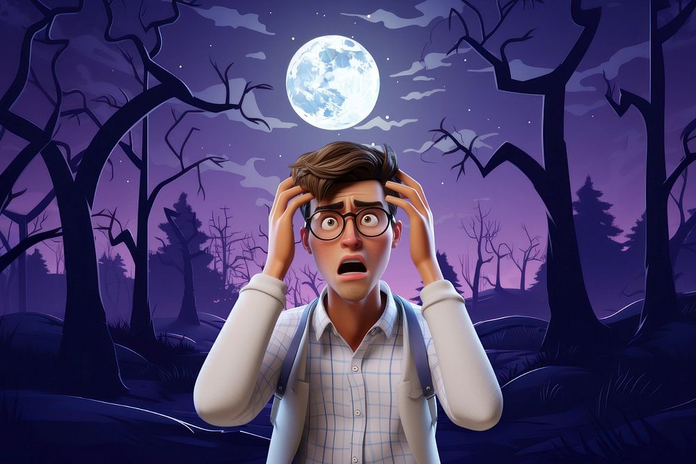 3D editable terrified man in forest with full moon remix