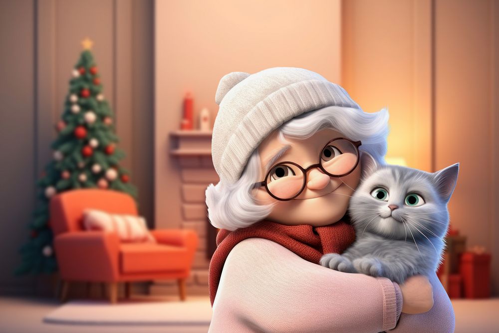 3D grandma hugging cat  editable remix