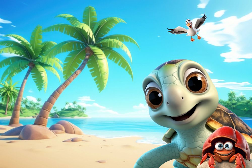 3D cute sea turtle by the beach  editable remix