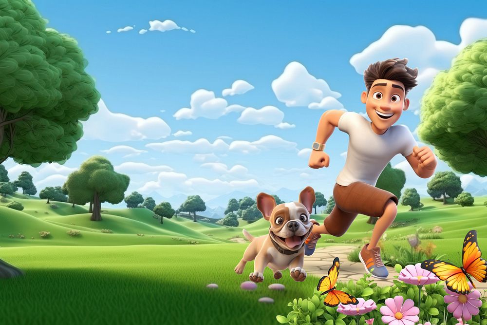 3D man running with dog in a park  editable remix