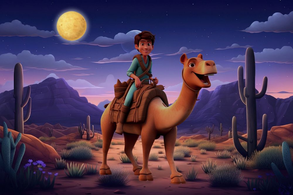 3D man riding camel in desert  editable remix