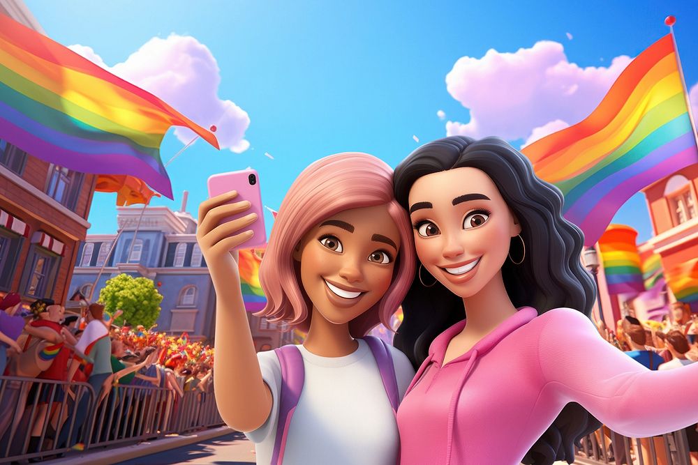 3D lesbian couple at pride parade, LGBTQ  editable remix