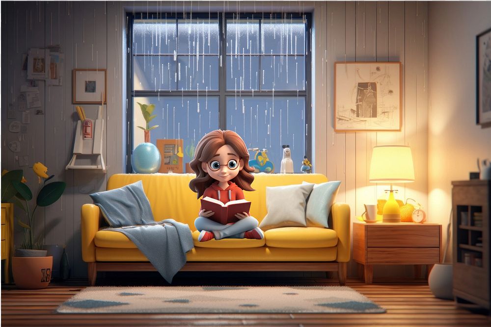 3D woman reading on rainy day  editable remix