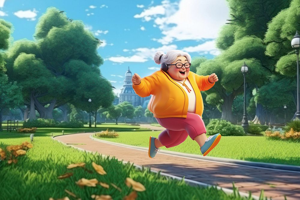 3D happy old woman jogging  editable remix