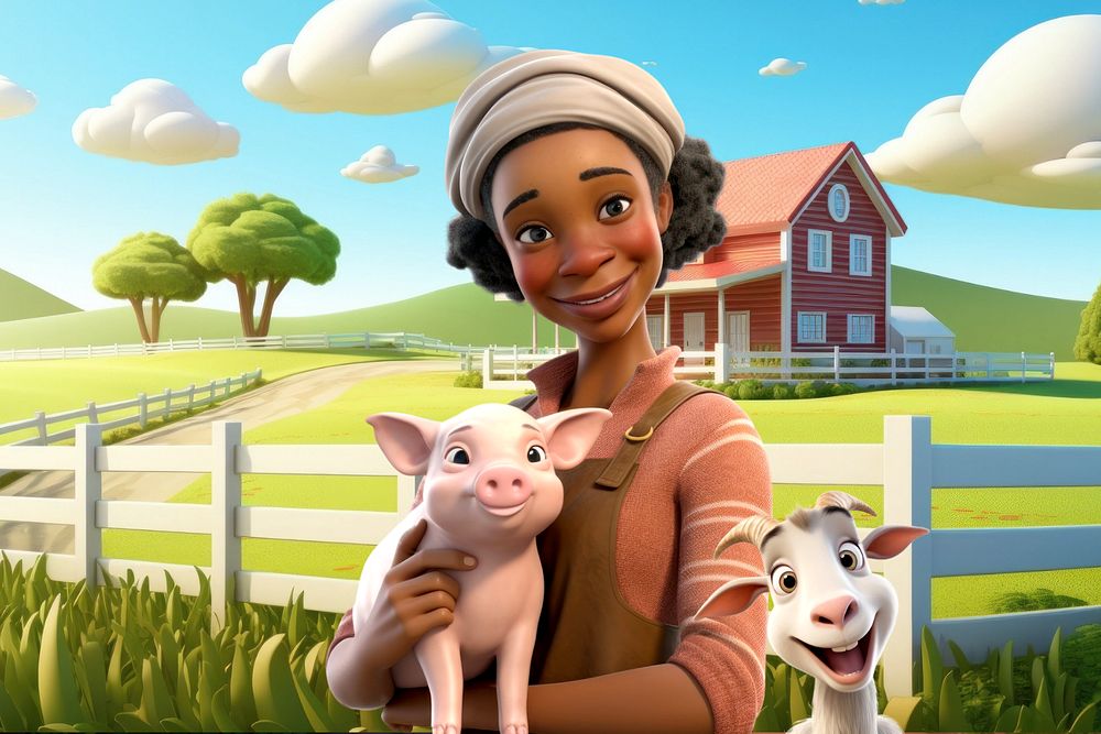 3D Woman farmer holding baby pig  editable remix