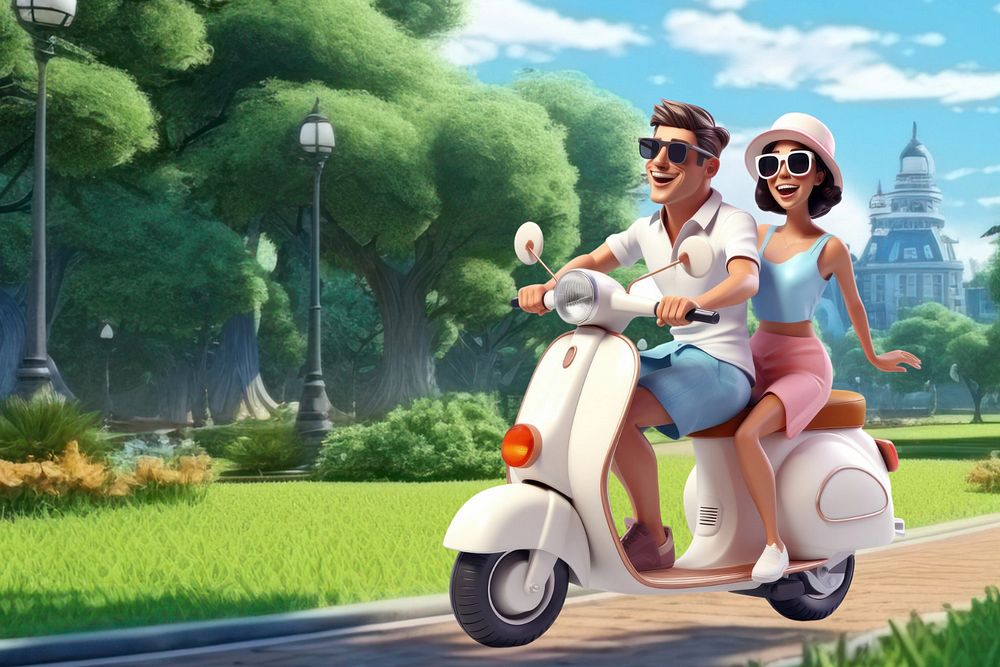 3D couple on scooter ride, travel  editable remix