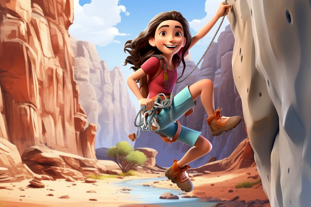 3D woman climbing mountain, extreme sports  editable remix