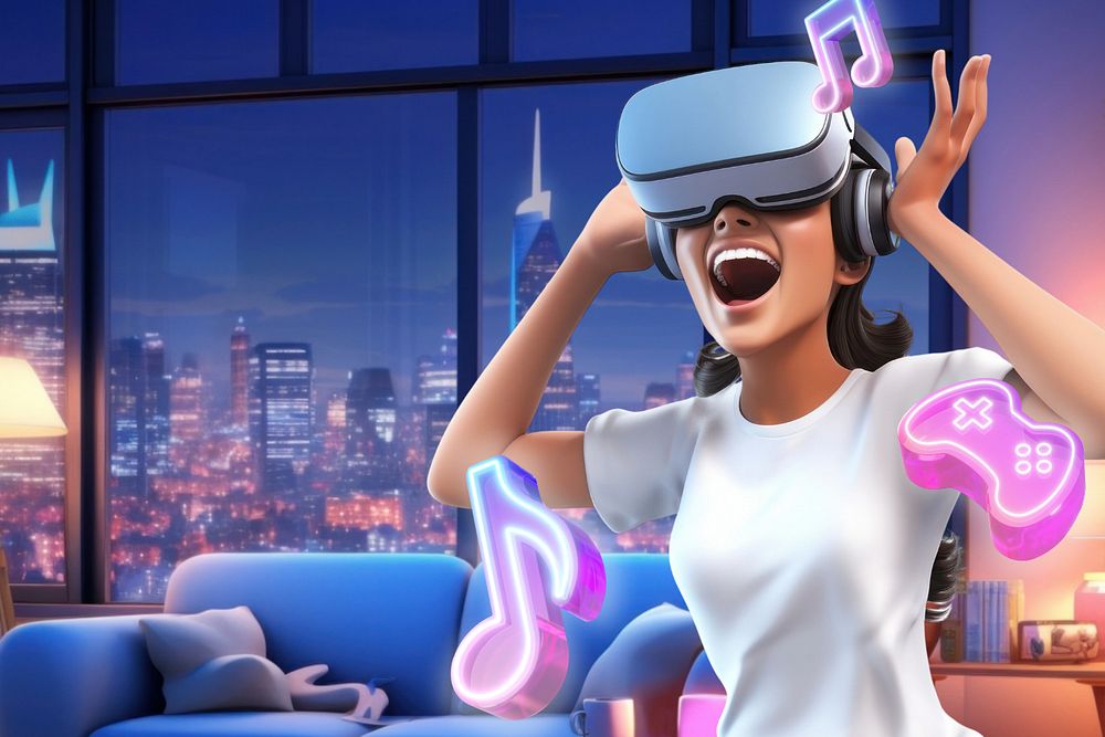 3D woman wearing VR, entertainment  editable remix