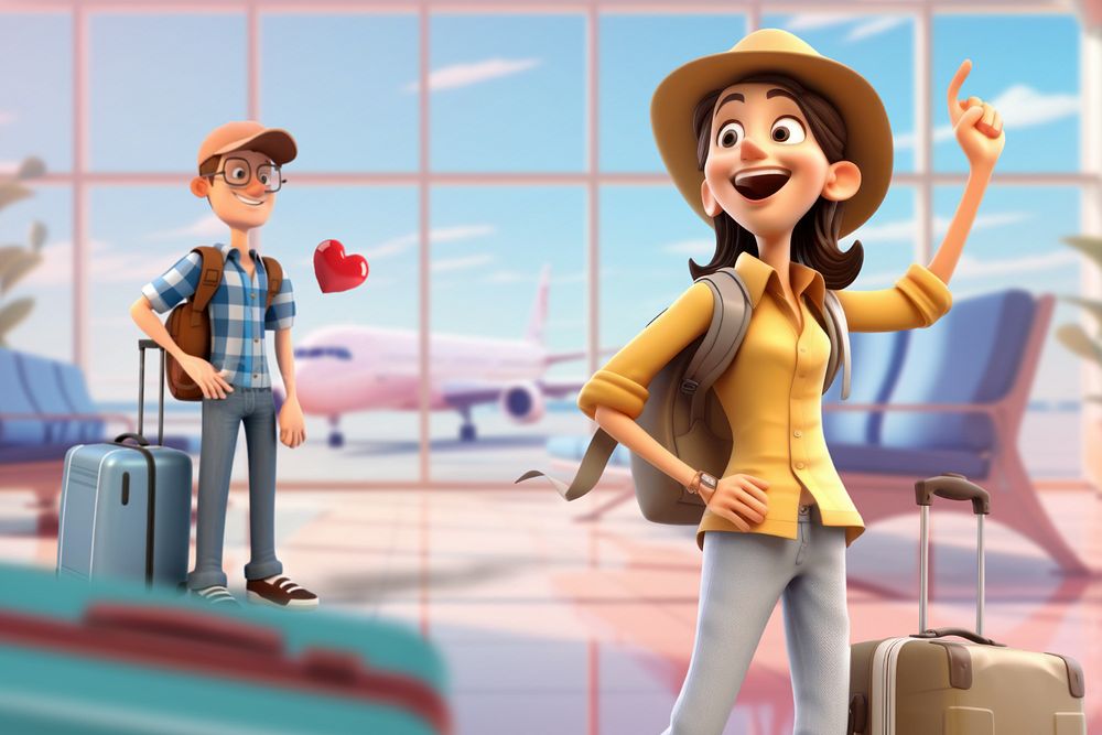 3D couple travel at airport  editable remix