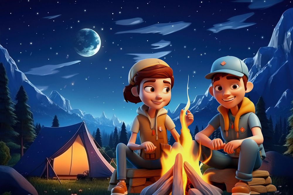 3D camping couple around bonfire  editable remix