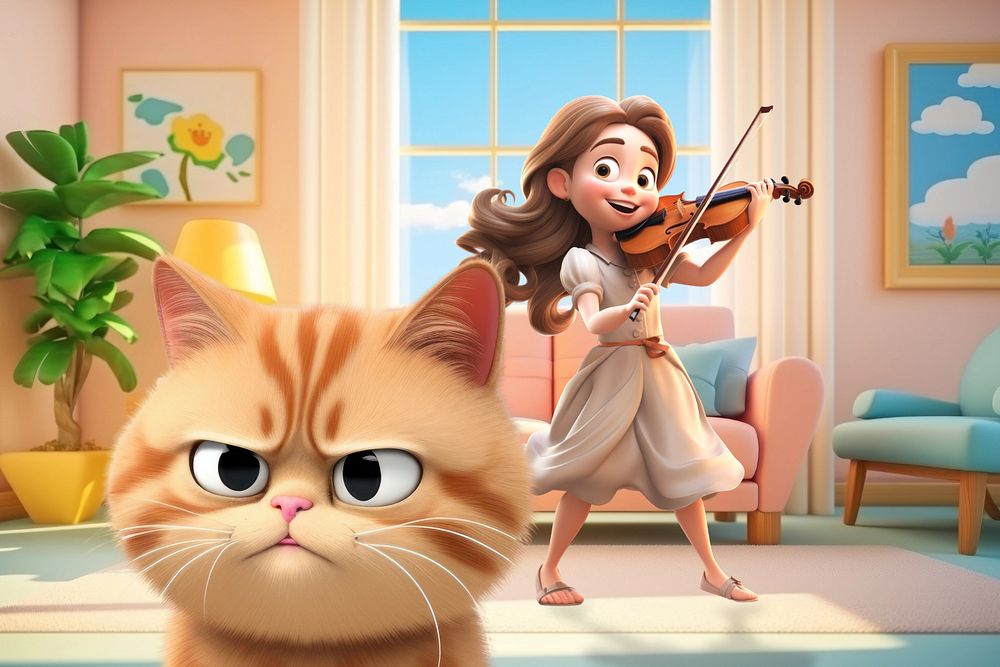 3D grumpy cat listening to violin  editable remix