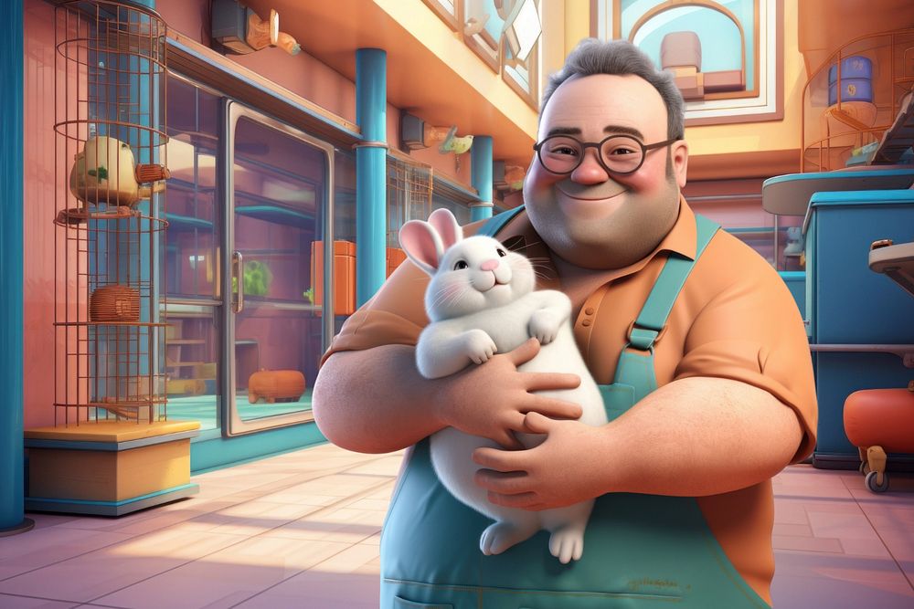 3D Pet shop owner holding bunny  editable remix