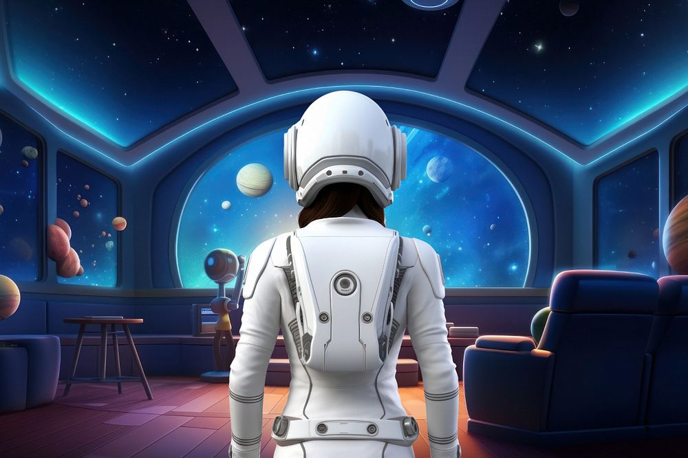 3D woman astronaut on spaceship  editable remix