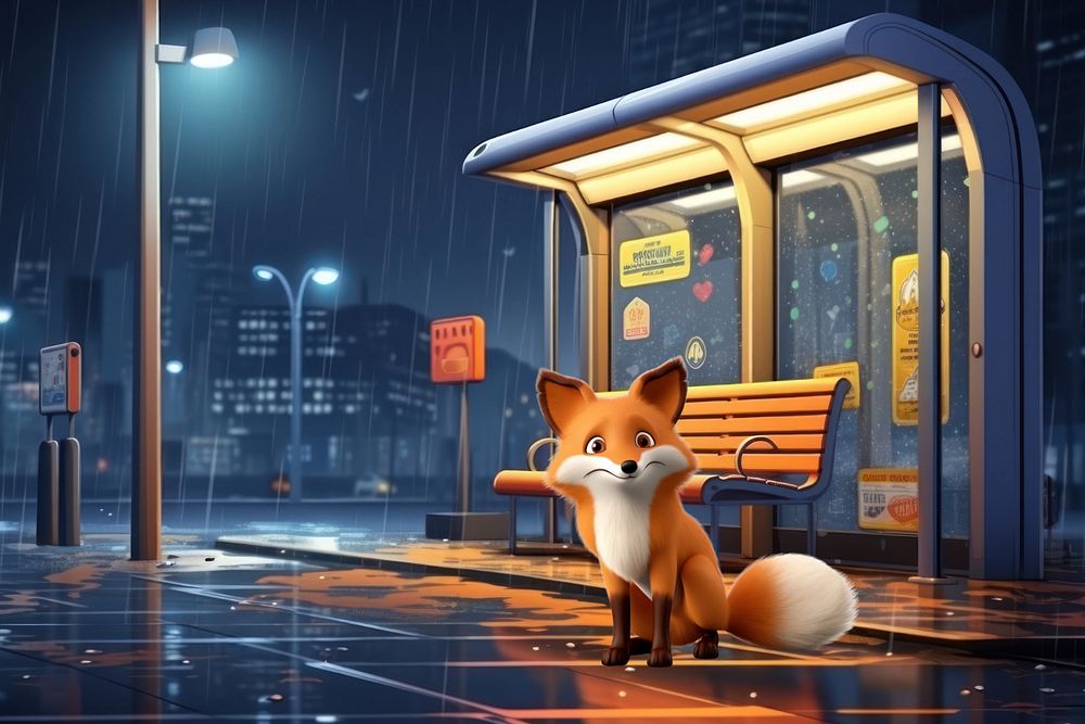 3D cute fox at a bus stop  editable remix