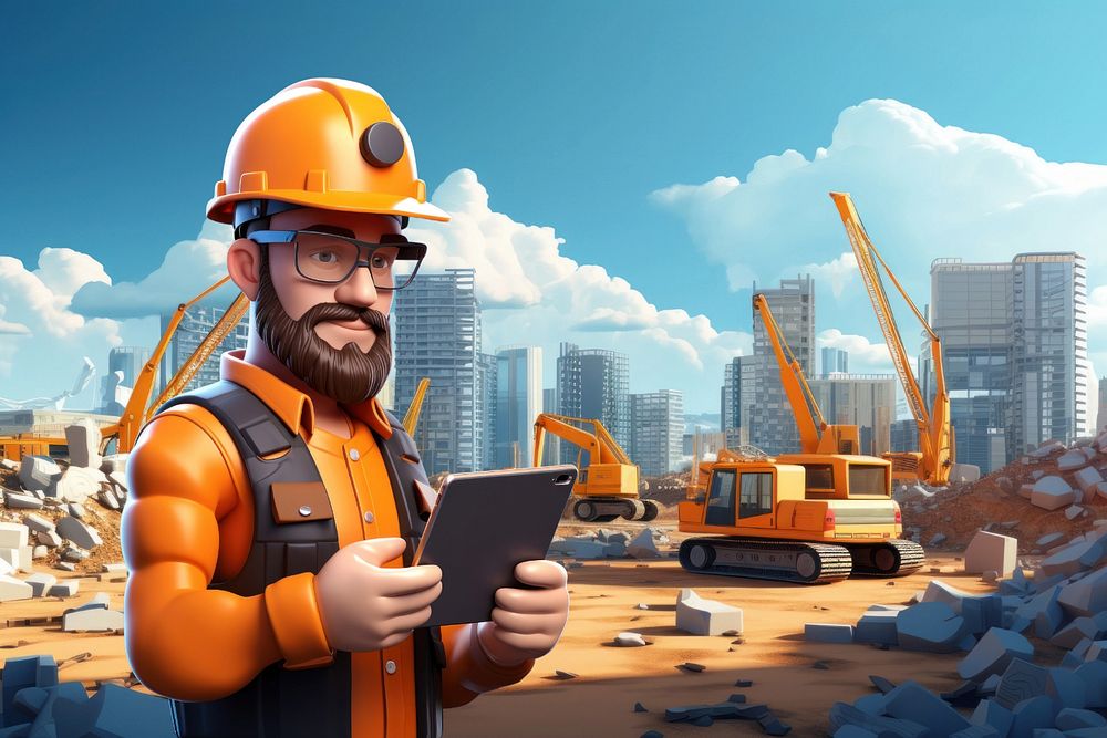 3D construction worker holding tablet  editable remix