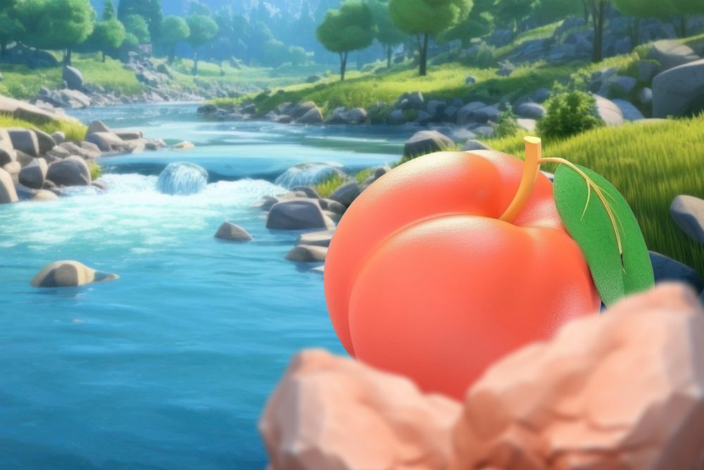 3D huge peach fruit by the river  editable remix