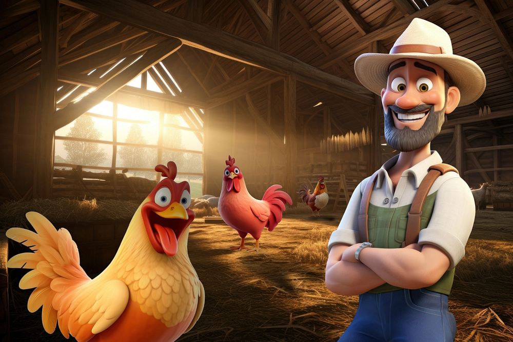 3D farmer in a barn with animals, agriculture  editable remix