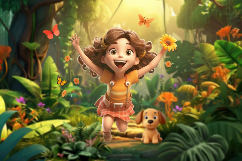 3D little girl in jungle  editable remix