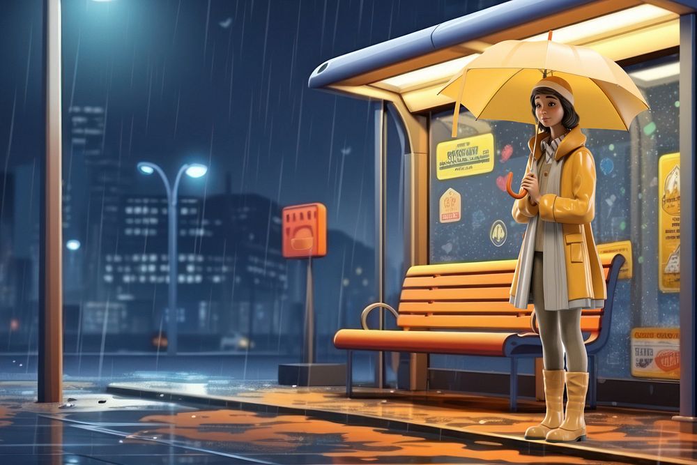 3D woman at bus stop on rainy day  editable remix