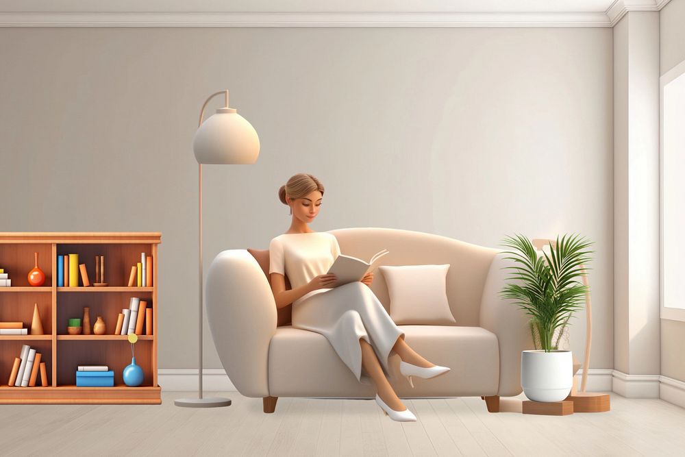 3D woman reading magazine at home  editable remix