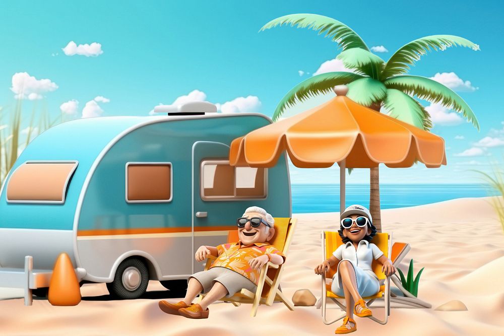 3D old couple relaxing on the beach  editable remix