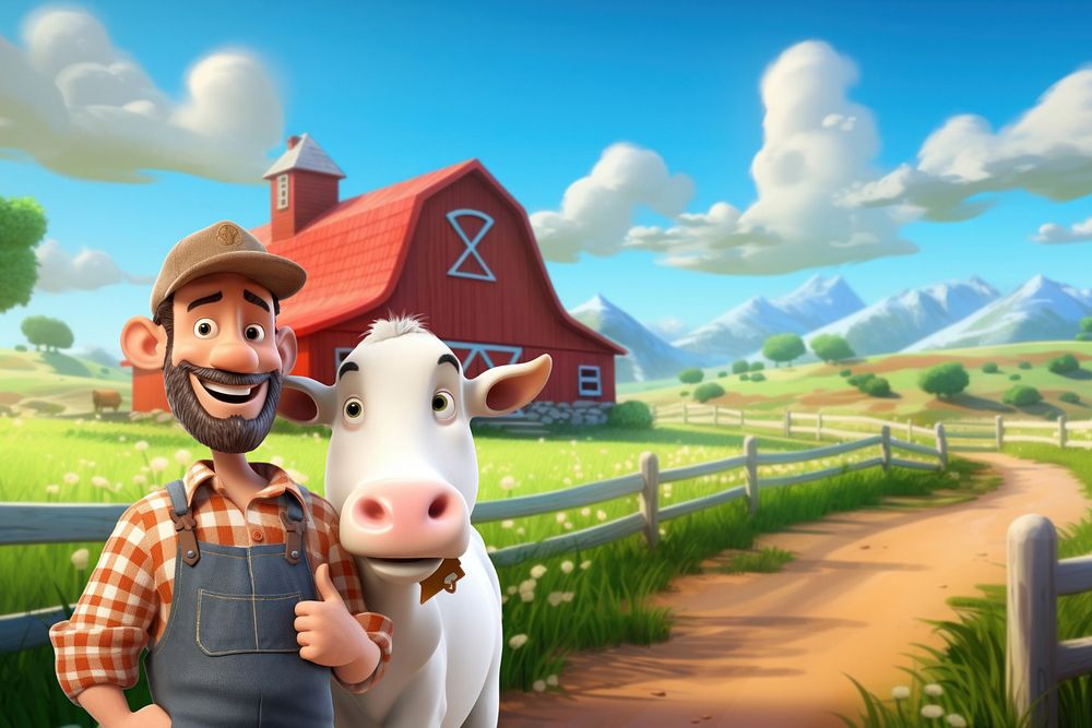 3D farmer with cow, agriculture  editable remix