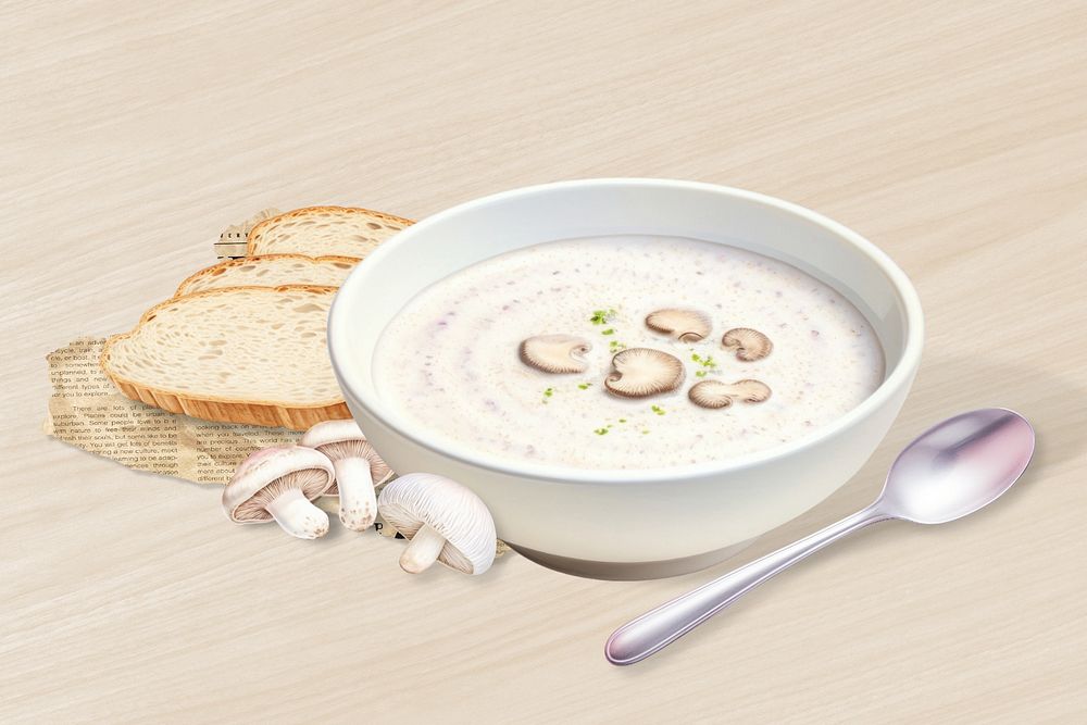 Editable mushroom soup, food digital art