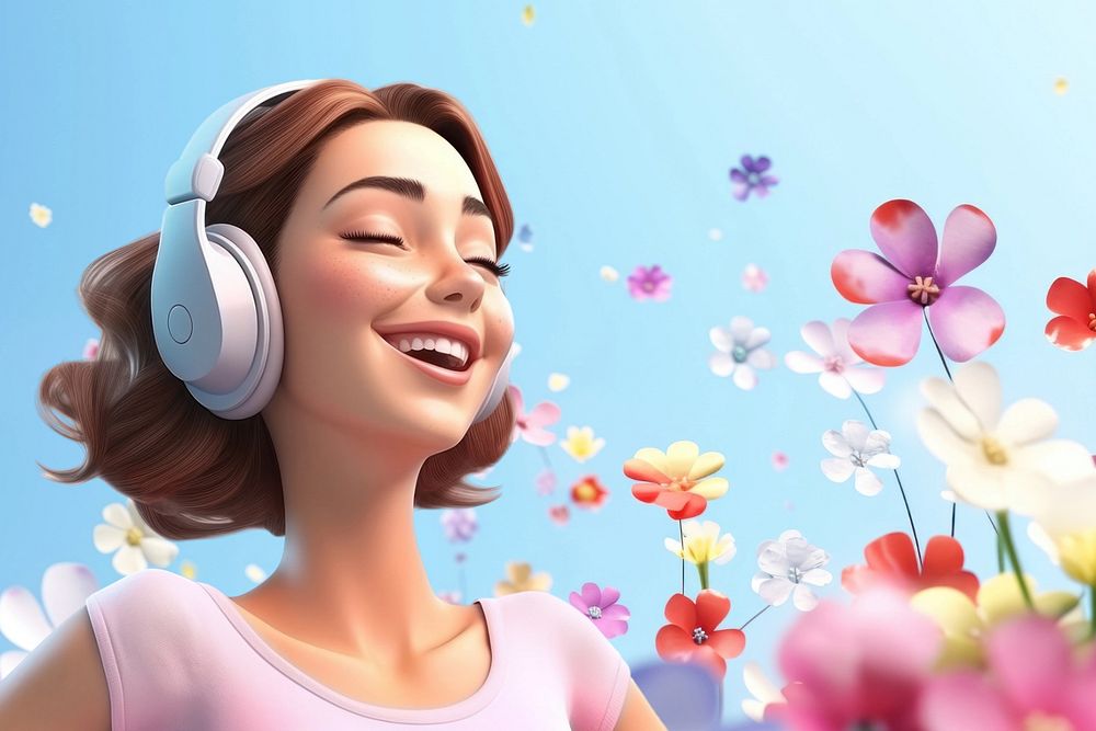 3D editable carefree woman listening to music remix