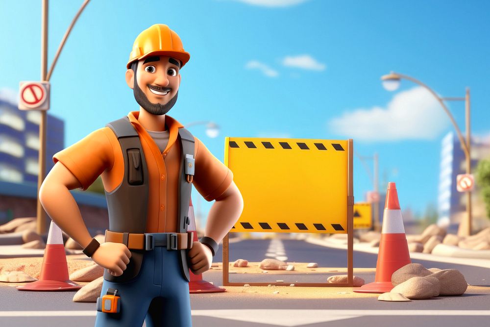 3D editable happy construction worker on street side remix