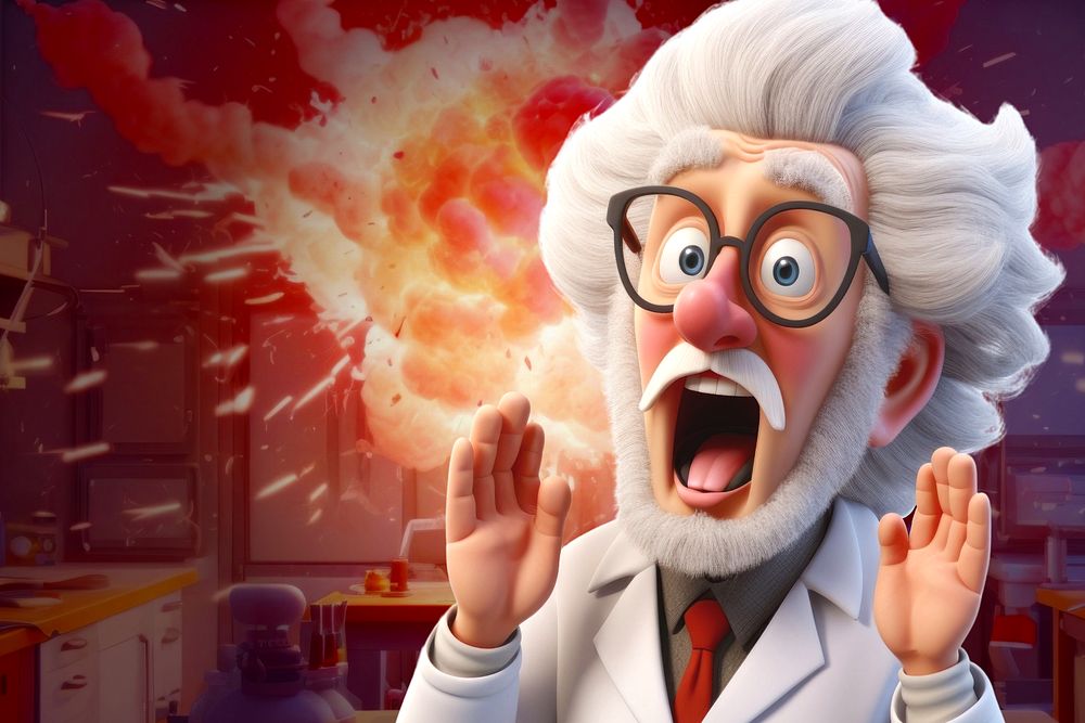 3D editable scientist screaming, laboratory explosion remix