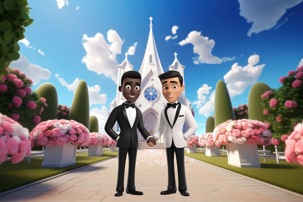 3D gay couple wedding, LGBTQ  editable remix